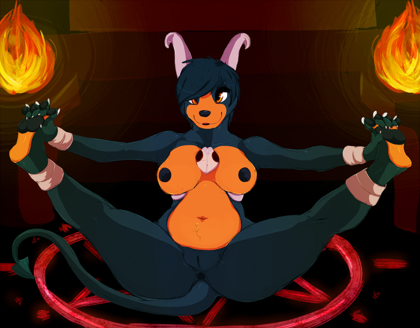 anthro anus barefoot belly black_nipples breasts canine chubby claws demon female fire grab_between_toes herro hindpaw horn houndoom legs_up looking_at_viewer magic_circle mammal nintendo nipples nude pawpads paws pentagram pok&#233;mon pok&eacute;mon presenting pussy soles solo spread_legs spreading summoning_circle thick_thighs toes video_games