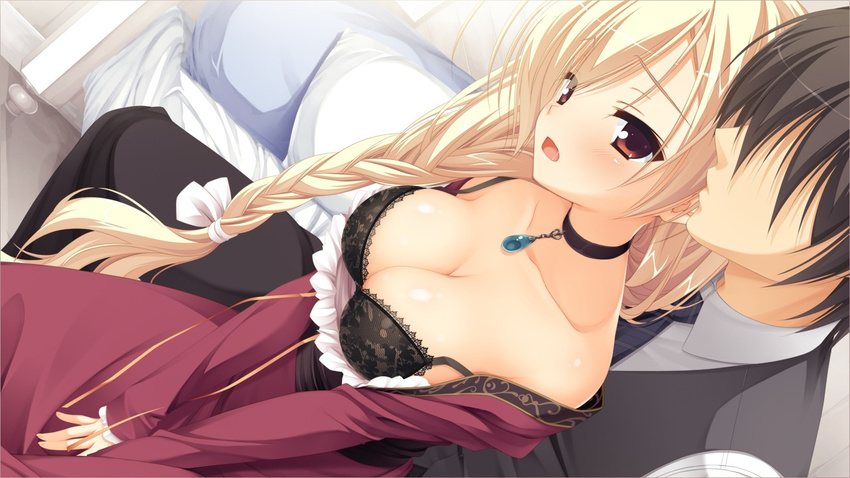 1girl amairo_islenauts bed black_hair blonde_hair blush bra braid breasts brown_eyes cleavage collar couple dress game_cg highres large_breasts long_hair looking_at_viewer muririn open_mouth pillow short_hair sitting underwear