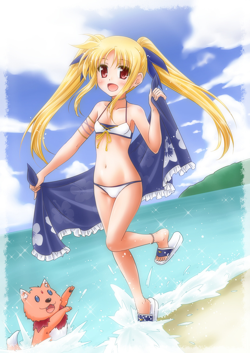 :d anklet arf armlet arms_up bangs beach bikini blonde_hair blue_eyes blue_sarong blush border breasts cloud cross-laced_clothes day dog fangs fate_testarossa floral_print forehead_jewel frills front-tie_bikini front-tie_top full_body gem groin happy highres holding jewelry leg_lift long_hair looking_at_viewer lyrical_nanoha mahou_shoujo_lyrical_nanoha neck_ring ocean open_mouth outdoors parted_bangs petite print_sarong red_eyes sandals sarong sarong_removed shinozuki_takumi shoe_dangle sidelocks sky small_breasts smile sparkle splashing standing standing_on_one_leg swimsuit tiptoes twintails water white_bikini