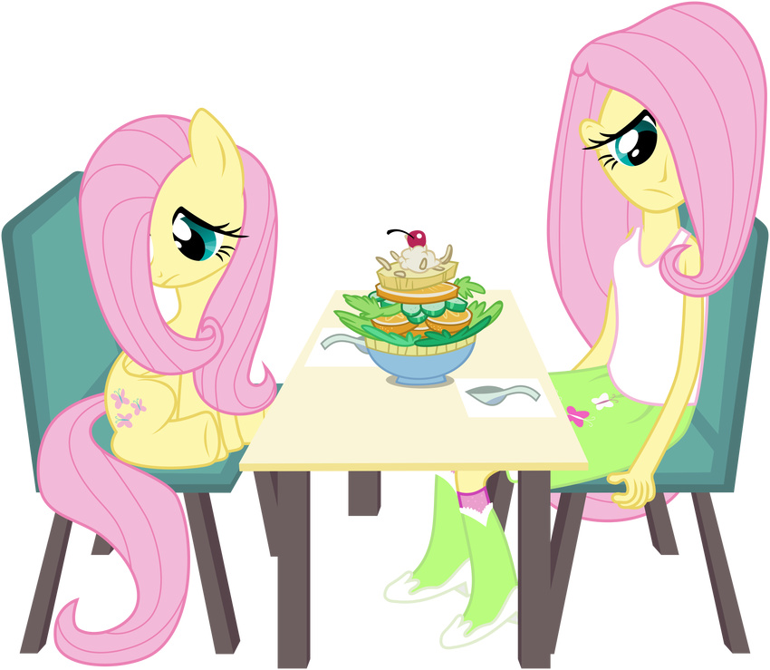 absurd_res alpha_channel blue_eyes bowl clothing cutie_mark duo equestria_girls equine female fluttershy_(eg) fluttershy_(mlp) friendshinp_is_magic friendship_is_magic hair hi_res horse human looking_away mammal masemj my_little_pony pegasus pink_hair pony salad shirt shoes shy sitting skirt spoon table wings