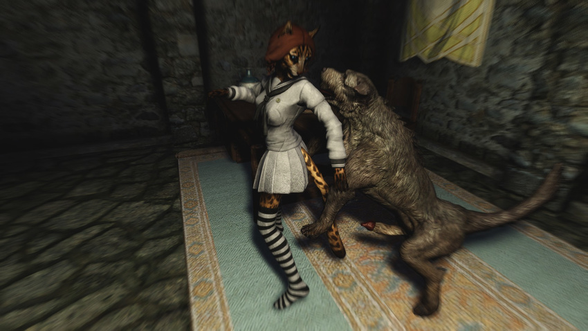 bestiality breasts canine discombobulation feline female feral interspecies khajiit mammal ohmes-raht screencap socks the_elder_scrolls the_elder_scrolls_v:_skyrim video_games