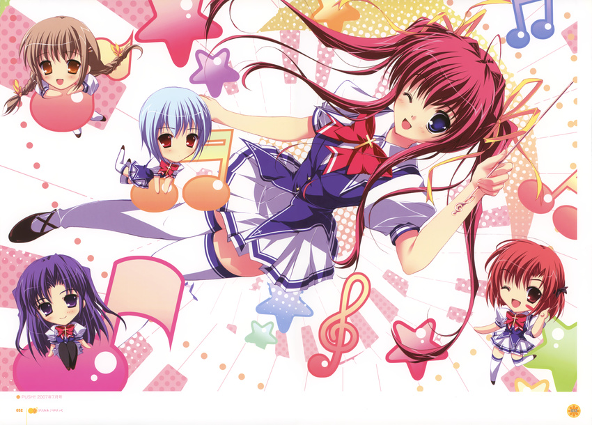 :d ;d absurdres asakura_nanao baton_(instrument) black_legwear blue_eyes blue_hair blush blush_stickers bow bowtie braid brown_eyes brown_hair chibi from_above hagiwara_tomoe highres huge_filesize kuu_(lyrical_lyric) legs looking_at_viewer looking_up lyrical_lyric mikeou multiple_girls musical_note one_eye_closed open_mouth pink_hair purple_eyes purple_hair red_bow red_eyes red_neckwear school_uniform skirt smile takami_rin tareme thighhighs twin_braids twintails white_legwear white_skirt zettai_ryouiki