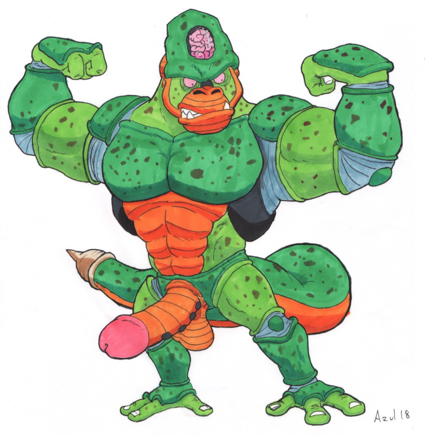 alternate_species android anthro ape azul_(artist) balls big_penis brain cell_(dragon_ball) dragon_ball dragon_ball_z erection flexing gorilla humanoid_penis hybrid machine male mammal muscular muscular_male oozaru orange_balls penis primate robot solo