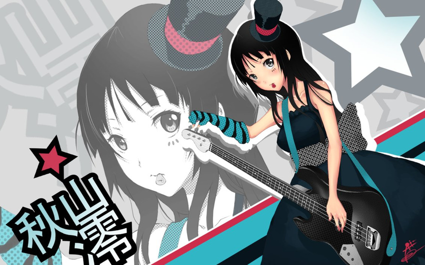 akiyama_mio bass_guitar black_eyes black_hair cane character_name don't_say_"lazy" dress fingerless_gloves gloves hat instrument k-on! long_hair mini_hat mini_top_hat mouth_hold plectrum solo star top_hat zoom_layer