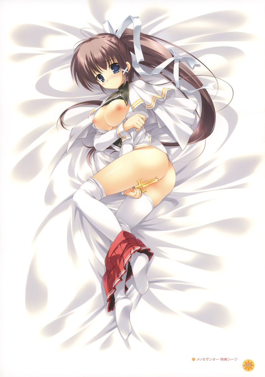 absurdres ass bed_sheet blue_eyes blush breasts brown_hair covering covering_crotch cross dakimakura from_above full-face_blush full_body highres kiss_to_lord_to_darjeeling legs long_hair looking_at_viewer lying medium_breasts mikeou nipples no_bra no_panties on_side open_clothes open_shirt ponytail school_uniform shirt skirt skirt_pull solo thighhighs white_legwear yashiro_tsubasa