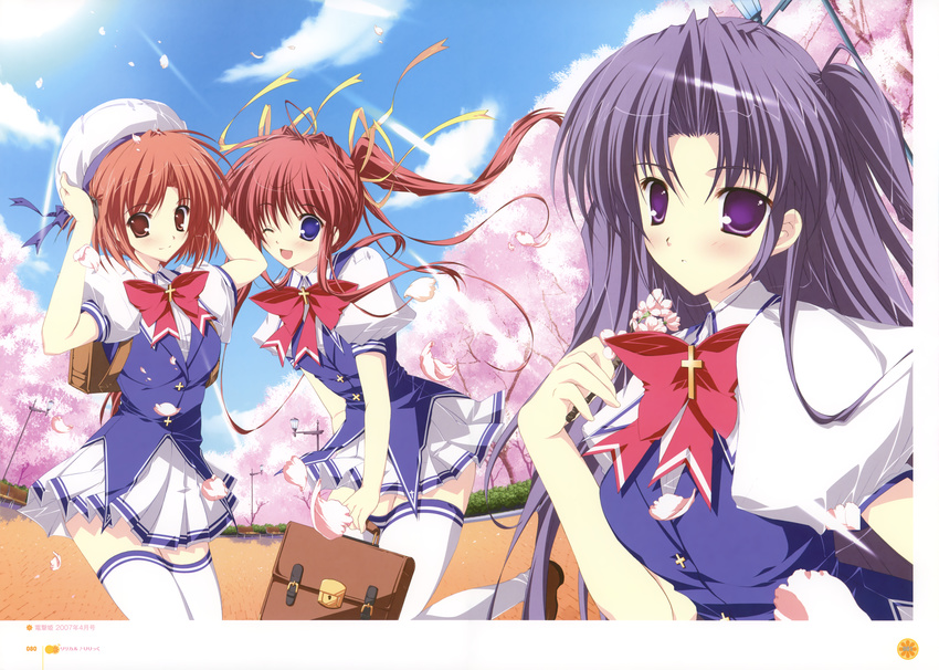 ;d absurdres asakura_nanao blue_eyes blue_sky bow bowtie brown_eyes brown_hair cherry_blossoms cloud day hagiwara_tomoe highres huge_filesize legs lyrical_lyric mikeou multiple_girls one_eye_closed open_mouth outdoors pink_hair plant puffy_short_sleeves puffy_sleeves purple_eyes purple_hair red_bow red_neckwear school_uniform short_sleeves skirt sky smile spring_(season) takami_rin thighhighs tree twintails upper_body white_legwear zettai_ryouiki