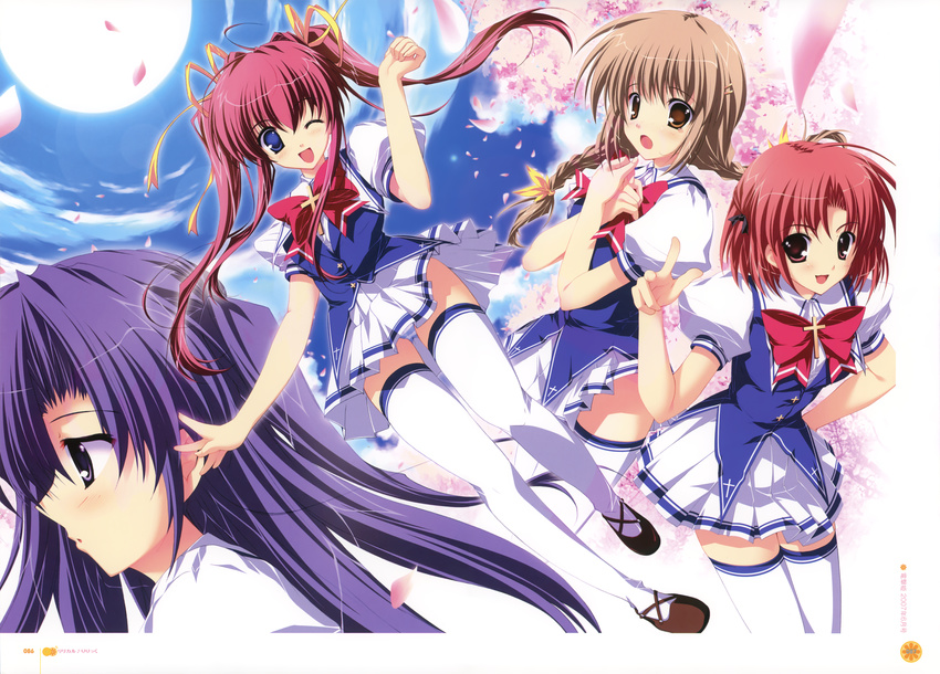 :d absurdres asakura_nanao blue_panties bow bowtie braid brown_hair character_request cherry_blossoms d: full_moon hagiwara_tomoe hands_on_own_chest highres huge_filesize looking_at_viewer lyrical_lyric mikeou moon multiple_girls open_mouth panties pantyshot pink_hair profile purple_eyes purple_hair red_bow red_neckwear smile striped striped_panties takami_rin thighhighs twin_braids twintails underwear white_legwear white_panties