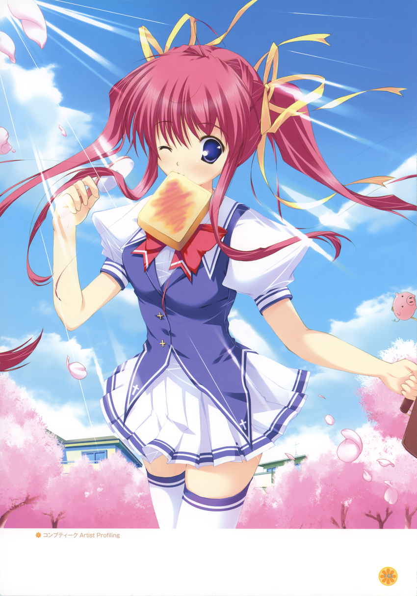 ;) ;d absurdres asakura_nanao blue_eyes blush cherry_blossoms cloud cowboy_shot day food food_in_mouth hair_ribbon highres late_for_school light_rays long_hair looking_at_viewer lyrical_lyric mikeou mouth_hold one_eye_closed open_mouth outdoors pink_hair plant ribbon school_uniform skirt sky smile standing sunlight tareme thighhighs toast toast_in_mouth tree twintails white_legwear zettai_ryouiki