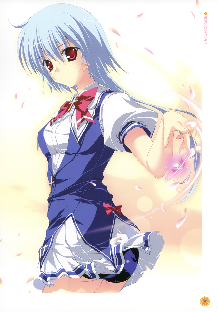 absurdres blue_hair buruma cross energy_ball fumio_(ura_fmo) highres kuu_(lyrical_lyric) lyrical_lyric musical_note petals red_eyes school_uniform short_hair skirt