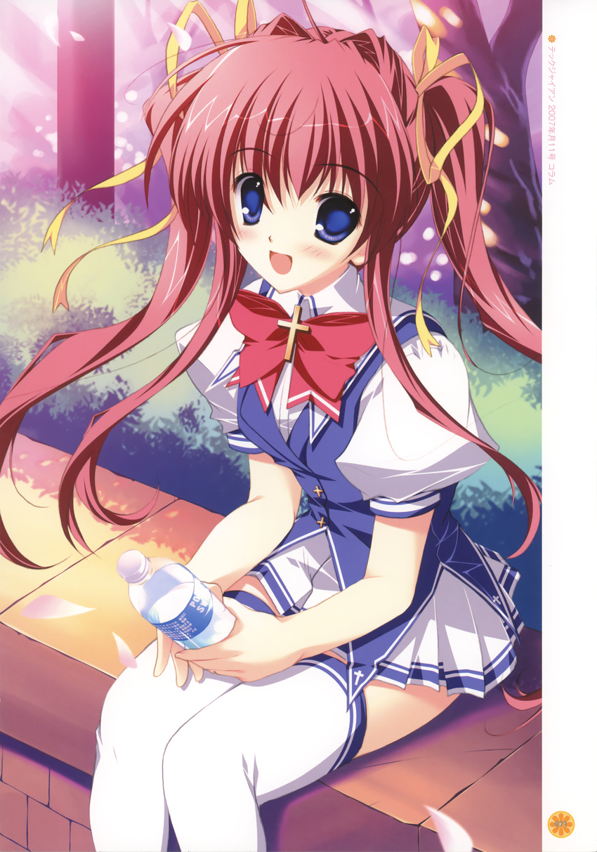 :d absurdres asakura_nanao blue_eyes bottle bow bowtie cherry_blossoms grass hair_ribbon highres long_hair looking_at_viewer lyrical_lyric mikeou open_mouth outdoors pink_hair plant puffy_short_sleeves puffy_sleeves red_bow red_neckwear ribbon school_uniform short_sleeves sitting skirt smile tareme thighhighs tree twintails water_bottle white_legwear white_skirt zettai_ryouiki