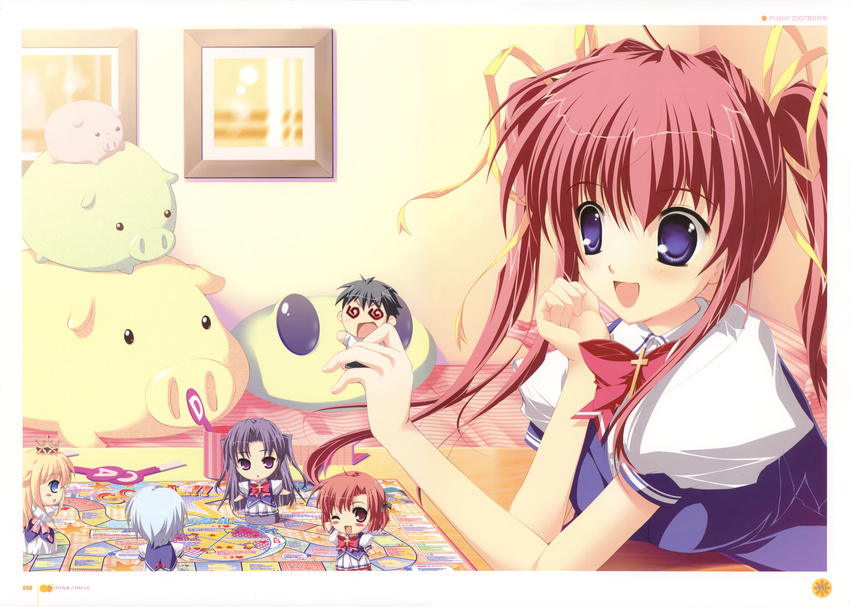 5girls :d ;d @_@ absurdres arietta_(lyrical_lyric) asakura_nanao blue_eyes blush_stickers board_game bow bowtie brown_eyes character_request chibi hagiwara_tomoe highres huge_filesize kuu_(lyrical_lyric) lyrical_lyric mikeou multiple_girls one_eye_closed open_mouth painting_(object) pink_hair puffy_short_sleeves puffy_sleeves purple_eyes purple_hair red_bow red_neckwear school_uniform short_hair_with_long_locks short_sleeves sidelocks smile stuffed_animal stuffed_pig stuffed_toy takami_rin twintails upper_body