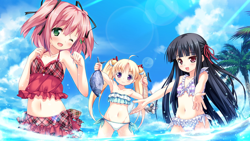 animal bikini black_hair blonde_hair fish game_cg kirigaya_hasuka nicole_(santaful_summer) niieda_miyu noritama_(gozen) pikazo pink_hair santaful_summer swimsuit usume_shirou water