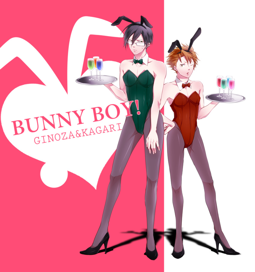 animal_ears bad_id bad_pixiv_id black_hair bow bowtie brown_hair bunny_boy bunny_ears bunnysuit crossdressing detached_collar ginoza_nobuchika glasses highres kagari_shuusei male_focus multiple_boys pantyhose psycho-pass short_hair tray uwabaki_(shoe_rack) wrist_cuffs