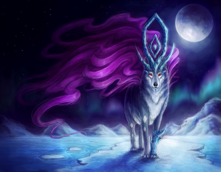 ambiguous_gender aurora_borealis blue_theme canine cool_colors feral glacier ice legendary_pok&#233;mon looking_at_viewer mammal moon nintendo pok&#233;mon pok&eacute;mon red_eyes sanguisgelidus solo suicune video_games wolf