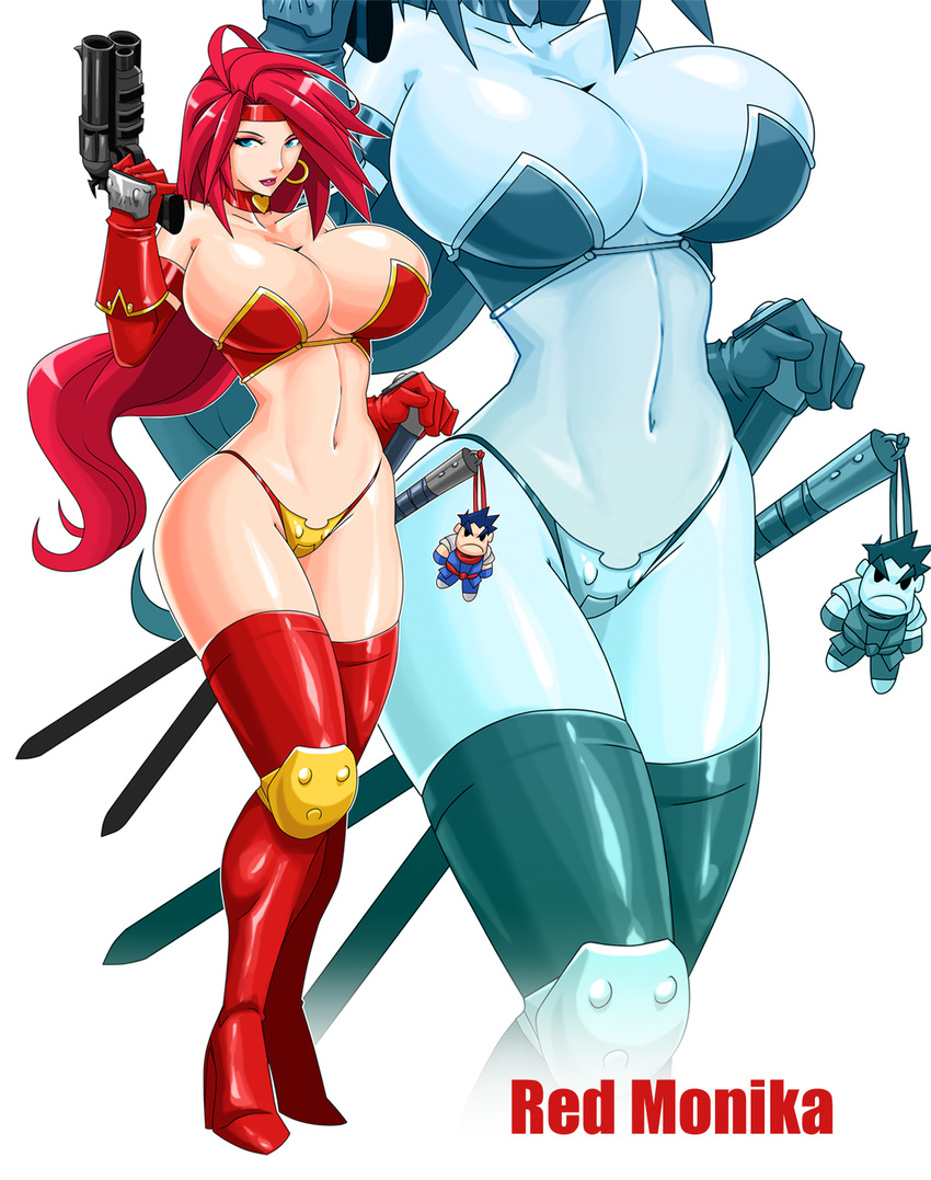 1girl ahoge battle_chasers blue_eyes breasts bursting_breasts character_name choker cleavage collarbone devil-v earrings elbow_gloves g-string gloves gun headband high_heels hips huge_breasts jewelry knees legs legwear lips long_hair long_legs midriff navel ponytail red_hair red_legwear red_monika shiny shiny_skin solo sword thighhighs thighs thong weapon white_background wide_hips zoom_layer