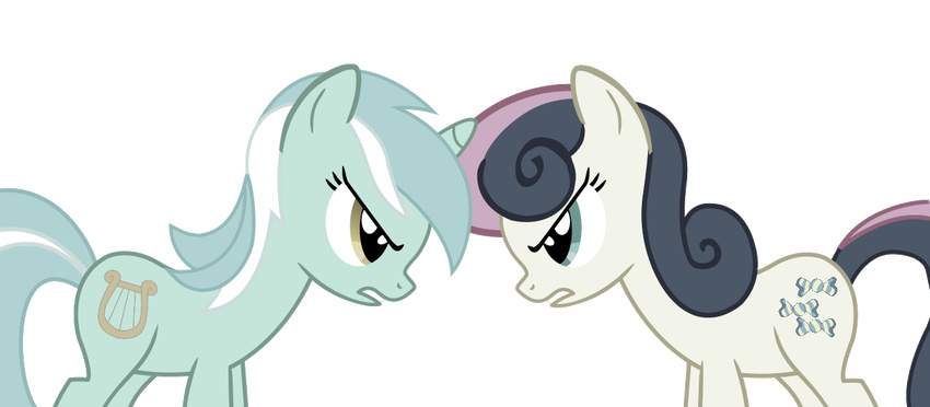 amber_eyes blue_eyes bonbon_(mlp) candy cutie_mark duo equine eye_contact female feral friendship_is_magic fur glare green_fur hair horn horse longsummer lyra_(mlp) lyra_heartstrings_(mlp) mammal my_little_pony plain_background pony transparent_background two_tone_hair unicorn yellow_fur