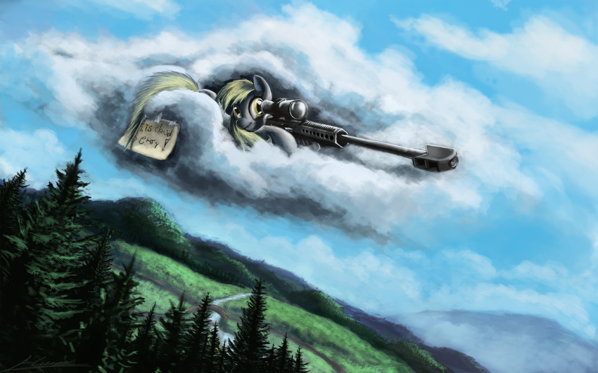 barrett blonde_hair bridge cloud derpy_hooves_(mlp) detailed_background english_text equine female feral field forest friendship_is_magic grass gun hair horse huussii long_hair mammal mountain my_little_pony note pony ranged_weapon scenery scope sniper sniper_rifle solo stream text tree wallpaper weapon wood yellow_eyes