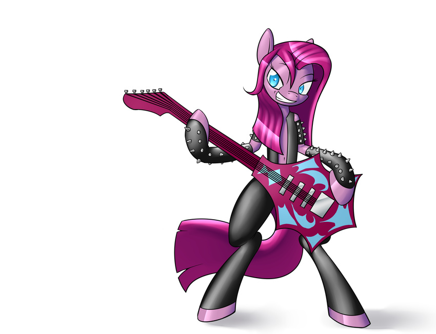 absurd_res blue_eyes clothing equine female friendship_is_magic fur guitar hair hi_res horse mammal musical_instrument my_little_pony navel pink_fur pink_hair pinkamena_(mlp) pinkie_pie_(mlp) plain_background pony randomdouche smile solo white_background