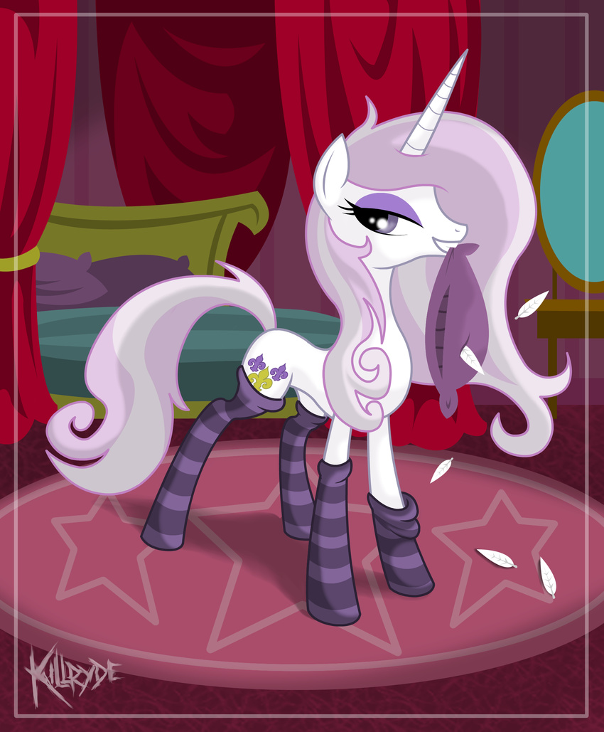 equine feathers female feral fleur_de_lis_(mlp) friendship_is_magic hair horn horse killryde long_hair looking_at_viewer mammal my_little_pony pillow pony purple_eyes socks solo two_tone_hair unicorn