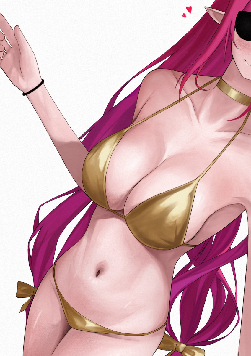 1girl bare_shoulders bikini blush bow breasts choker cleavage closed_mouth collarbone commentary hair_bow heart highres hololive hololive_english irys_(hololive) large_breasts long_hair navel pink_hair pointy_ears simple_background smile solo stomach sunglasses swimsuit thighs unmeidesu very_long_hair virtual_youtuber white_background wristband yellow_bikini yellow_bow yellow_choker