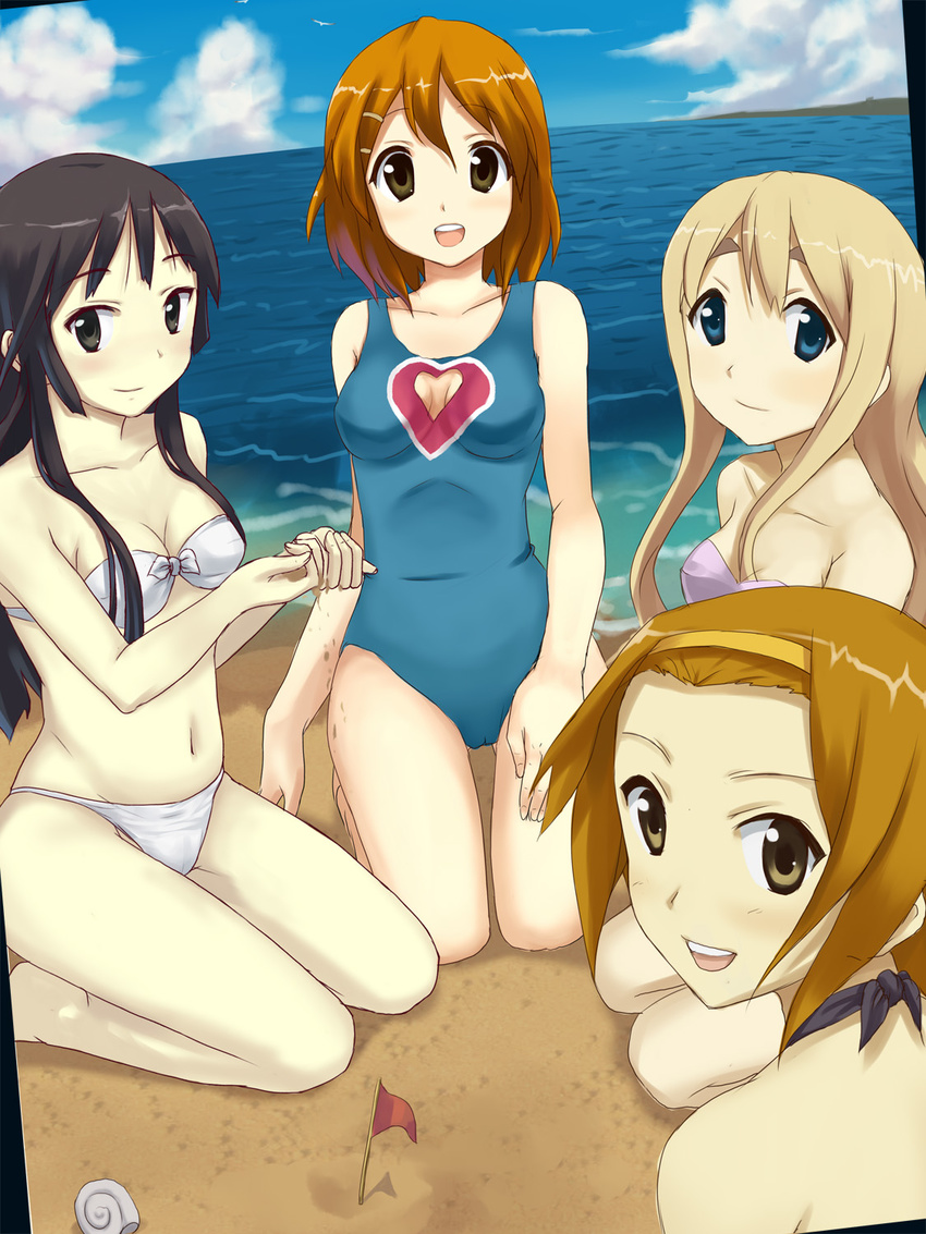 akiyama_mio bangs beach bikini black_eyes black_hair blonde_hair blue_eyes blunt_bangs breasts brown_eyes brown_hair cleavage cleavage_cutout day heart heart_cutout highres hirasawa_yui k-on! kneeling kotobuki_tsumugi long_hair medium_breasts multiple_girls navel one-piece_swimsuit outdoors short_hair swimsuit tainaka_ritsu tuanzi