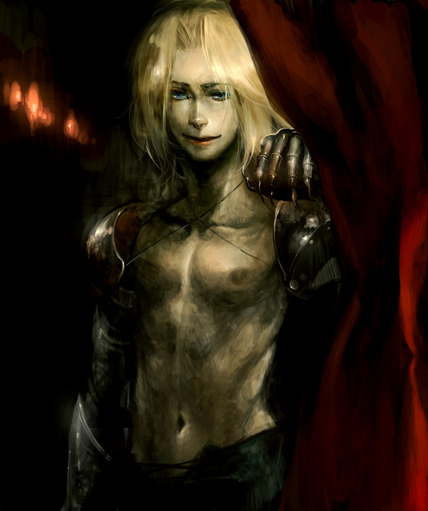 armor bad_id bad_pixiv_id blonde_hair blue_eyes claws curtains gauntlets gloves highres male_focus realistic ruushii shirtless smile solo sydney_losstarot vagrant_story