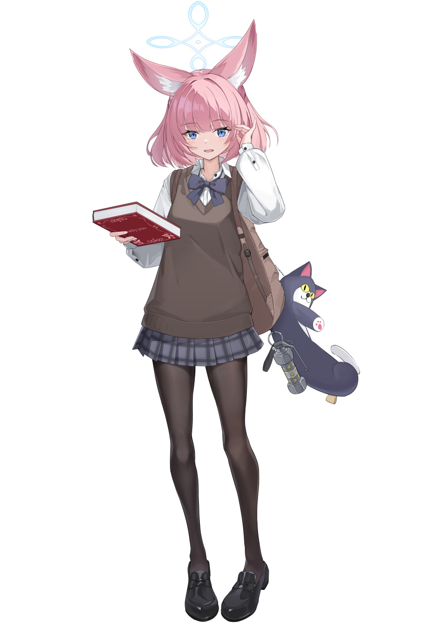 1girl absurdres alternate_costume animal_ear_fluff animal_ears bag black_pantyhose black_shoes blue_archive blue_bow blue_eyes blue_skirt blunt_ends blush book bow brown_bag brown_sweater_vest fox_ears fox_girl highres holding holding_bag holding_book looking_at_viewer medium_hair nammmmer niko_(blue_archive) open_mouth pantyhose pink_hair plaid_clothes plaid_skirt shirt shoes sidelocks skirt solo sweater_vest wavecat_(blue_archive) white_shirt
