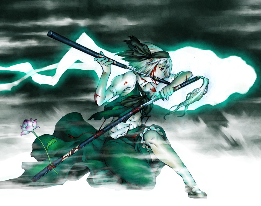 action angry bad_id bad_pixiv_id black_footwear black_ribbon blood blood_on_face bloody_clothes bloody_hair buttons covered_mouth cuts fighting_stance floral_print flower frills frown green_skirt green_vest headband hitodama holding holding_sword holding_weapon injury katana konpaku_youmu konpaku_youmu_(ghost) mary_janes mouth_hold neck_ribbon ofuda one_knee profile puffy_short_sleeves puffy_sleeves red_eyes red_string ribbon scabbard sheath shirt shoes short_hair short_sleeves silver_hair skirt solo string sword tamo_imai tassel torn_clothes touhou unsheathing vest wakizashi weapon white_legwear white_shirt