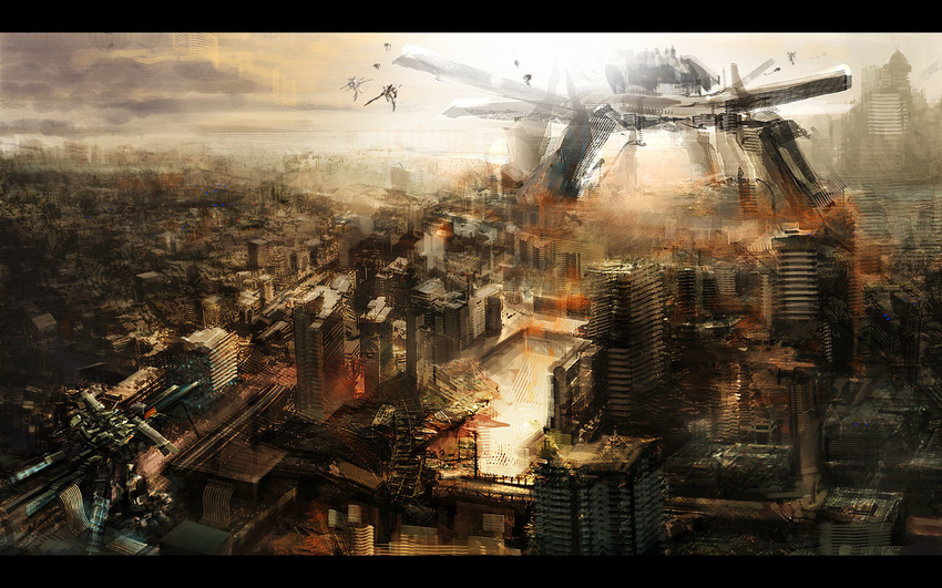 armored_core:_for_answer arms_fort city flying mecha military_base no_humans sarielw scenery spirit_of_mother_will white_glint