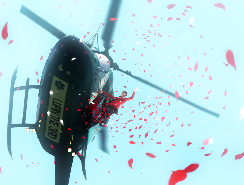 aircraft arsene_lupin_iii bad_id bad_pixiv_id day flower helicopter highres jacket lupin_iii male_focus necktie petals red_jacket sideburns sky solo wallpaper yellow_neckwear zz