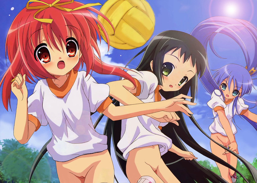 3girls absurdres akihime_sumomo aqua_eyes ball black_hair blue_hair blush bottomless bow cloud green_eyes gym_uniform hair_bow highres long_hair multiple_girls nanatsuiro_drops nude_filter open_mouth photoshop ponytail pussy red_eyes red_hair short_hair sky uncensored very_long_hair yaeno_nadeshiko yuuki_nona