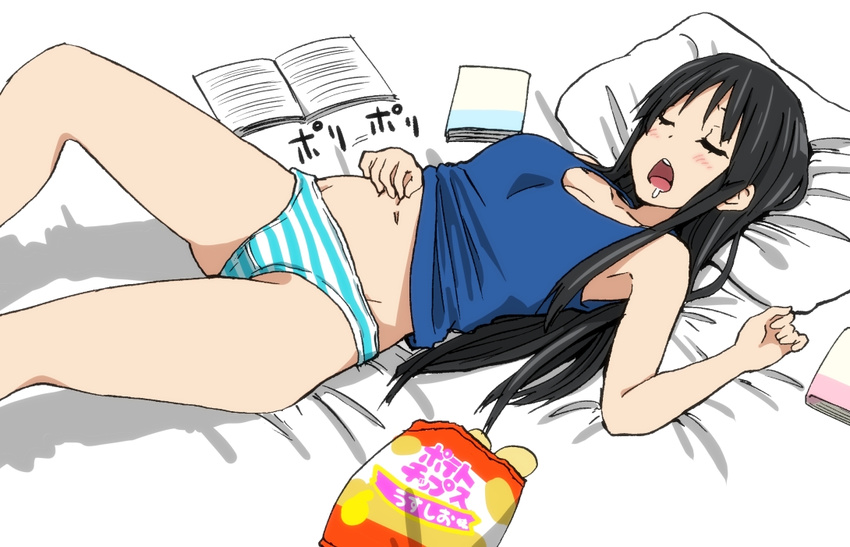 akiyama_mio bed belly black_eyes black_hair blush book breasts chips closed_eyes drooling food hand_on_own_stomach k-on! long_hair lying medium_breasts navel no_pants on_back open_clothes open_mouth panties potato_chips saliva scratching sleeping slovenly solo striped striped_panties tank_top underwear underwear_only watanore