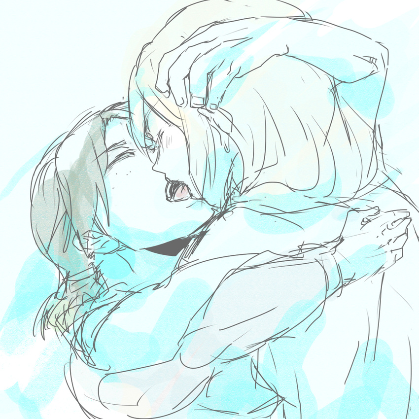 christa_renz closed_eyes couple freckles french_kiss hand_on_another's_head jingo_kajiki kiss monochrome multiple_girls open_mouth shingeki_no_kyojin ymir_(shingeki_no_kyojin) yuri