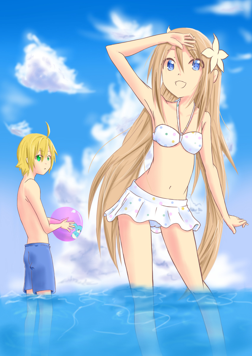 1boy 1girl ball beachball bikini blonde_hair blue_eyes brown_hair couple emil_castagnier flower green_eyes hair_flower hair_ornament highres long_hair marta_lualdi namco ocean swimsuit tales_of_(series) tales_of_symphonia tales_of_symphonia_knight_of_ratatosk very_long_hair water