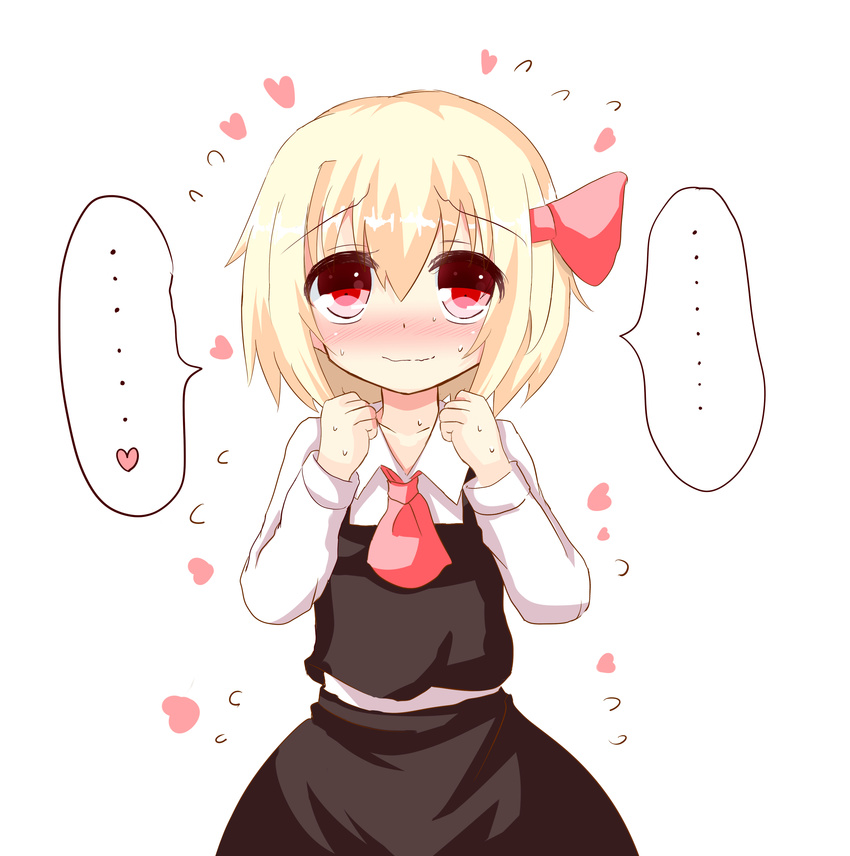 1girl absurdres blonde_hair blush confession embarrassed hair_ribbon heart highres koji_(kohei66) red_eyes ribbon rumia short_hair smile solo spoken_ellipsis spoken_heart sweat touhou wavy_mouth