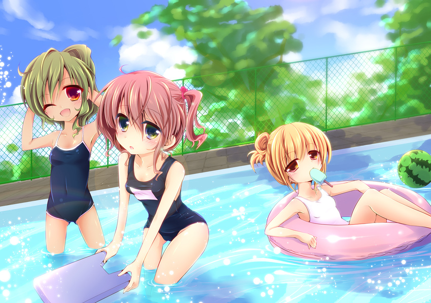 ;d ball beachball blonde_hair brown_eyes brown_hair chain-link_fence dutch_angle enjoy_mix fence food green_eyes green_hair hair_bun innertube kickboard mouth_hold multiple_girls one-piece_swimsuit one_eye_closed open_mouth original pool popsicle red_eyes school_swimsuit short_hair side_ponytail smile swimsuit wading water watermelon_beachball white_school_swimsuit white_swimsuit