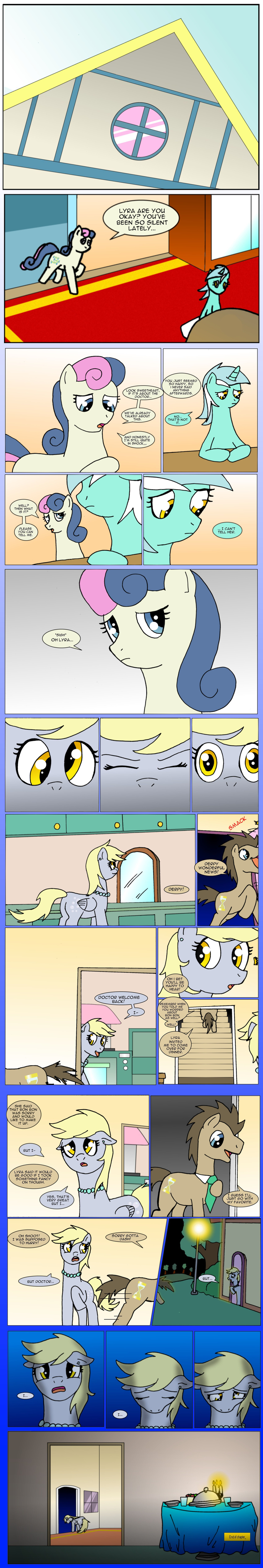 blonde_hair blue_eyes bonbon_(mlp) brown_fur brown_hair comic derpy_hooves_(mlp) dialog dinky_hooves_(mlp) doctor_whooves_(mlp) edowaado english_text equine eyes female feral friendship_is_magic fur green_fur grey_fur group hair horn horse inside lyra_(mlp) lyra_heartstrings_(mlp) male mammal my_little_pony necklace pegasus pony smile text two_tone_hair unicorn white_fur wings yellow_eyes