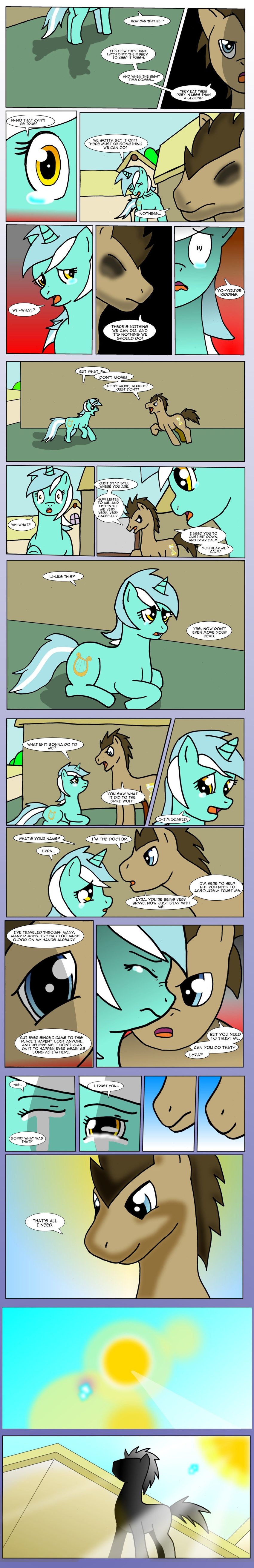 blue_eyes brown_fur brown_hair comic crying cutie_mark dialog doctor_whooves_(mlp) duo edowaado english_text equine eyes female feral friendship_is_magic fur green_fur hair horn horse lyra_(mlp) lyra_heartstrings_(mlp) male mammal my_little_pony outside pony standing tears text two_tone_hair unicorn yellow_eyes