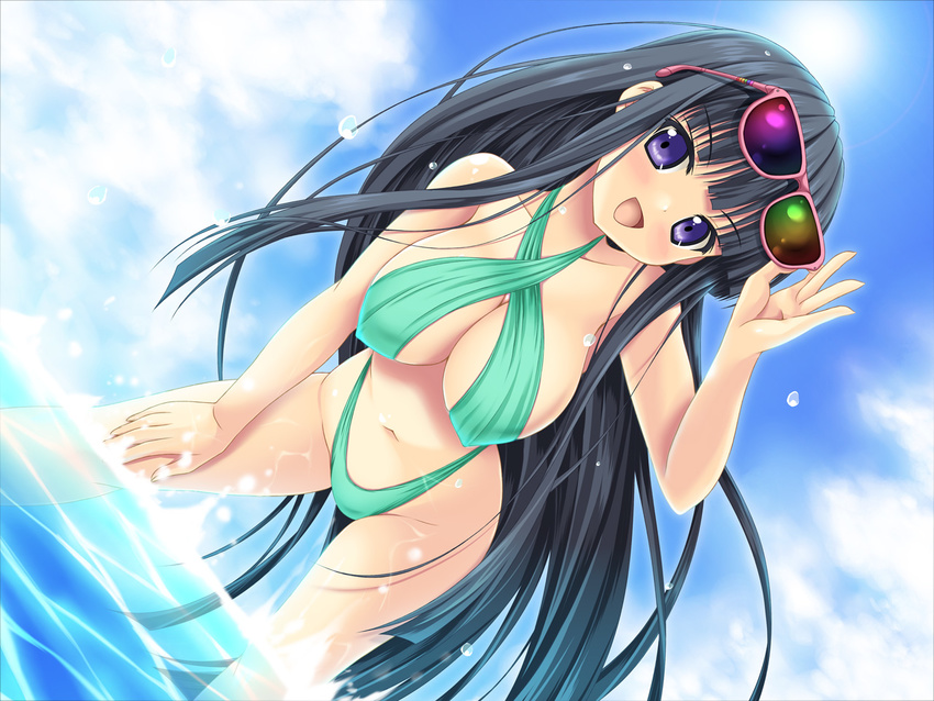 black_hair blue_eyes blush breasts cleavage covered_nipples day happy large_breasts leaning_forward long_hair navel noritama_(gozen) ocean original sky solo sunglasses swimsuit very_long_hair water water_drop wet