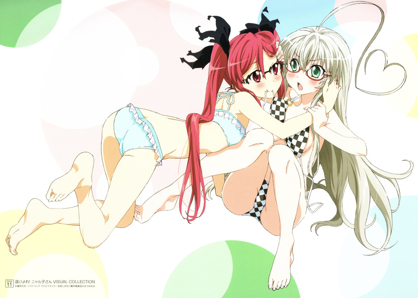 absurdres ahoge artist_request ass barefoot bespectacled bikini blush checkered checkered_bikini chestnut_mouth cthugha_(nyaruko-san) feet frilled_bikini frills glasses green_eyes grey_hair haiyore!_nyaruko-san heart_ahoge highres huge_ahoge long_hair mouth_hold multiple_girls nyarlathotep_(nyaruko-san) official_art open_mouth red-framed_eyewear red_eyes red_hair scan semi-rimless_eyewear soles swimsuit twintails under-rim_eyewear untied untied_bikini yuri