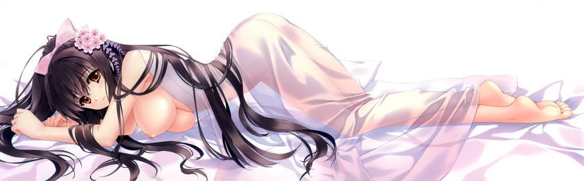 1girl absurdres all_fours ass barefoot black_hair bow breasts brown_eyes carnelian dakimakura feet hair_bow hair_flip highres large_breasts long_hair long_image looking_at_viewer nipples nude one_side_up see-through_silhouette soles solo toes very_long_hair wide_image