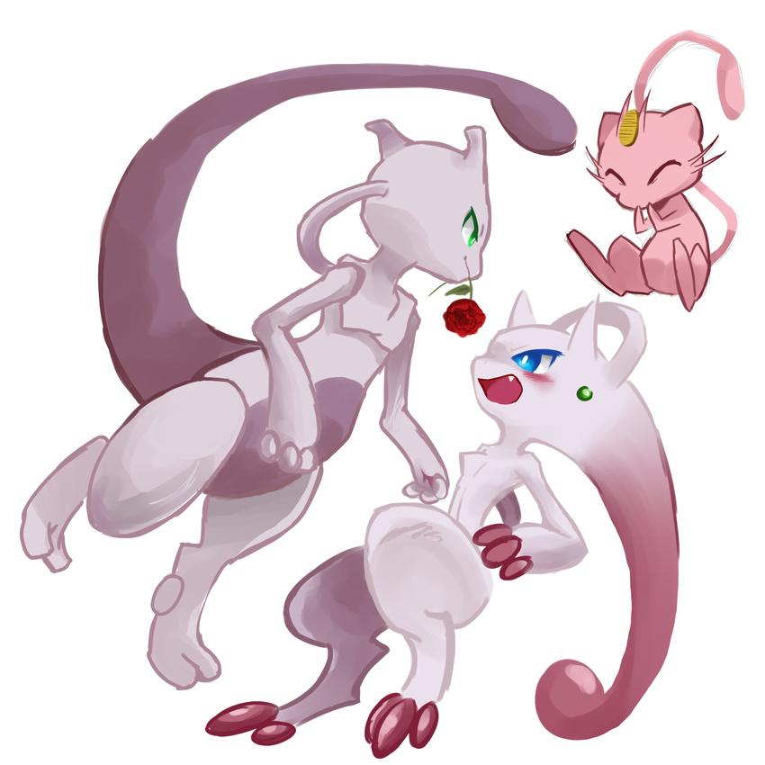 alternate_form blue_eyes blush closed_eyes cosplay earrings eye_contact fang flower gen_1_pokemon green_eyes highres jewelry looking_at_another maimai97 mega_mewtwo_y mega_pokemon meowth meowth_(cosplay) mew mewtwo mouth_hold no_humans open_mouth pokemon pokemon_(creature) pokemon_(game) pokemon_xy rose simple_background smile team_rocket whiskers white_background