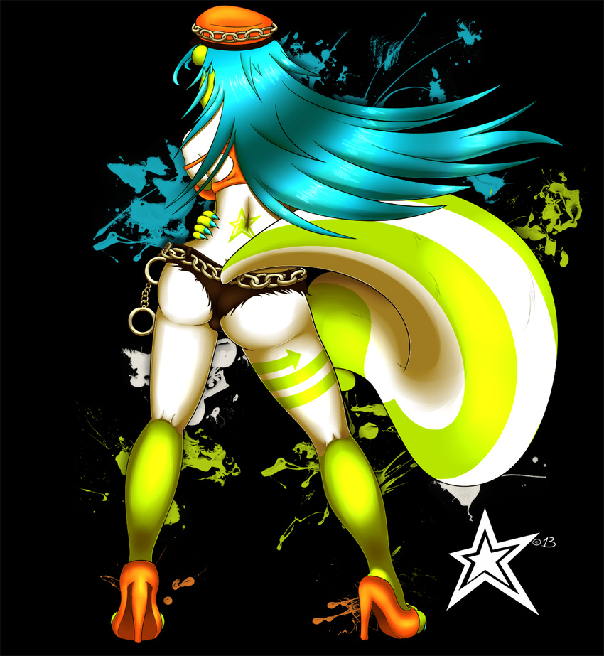abstract_background ambiguous_gender blaqink blue_hair breasts butt clothing female fur green_fur hair handcuffs high_heels long_legs panini poison poison_(final_fight) shackles solo star street_fighter thick_thighs thighs video_games white_fur wide_hips