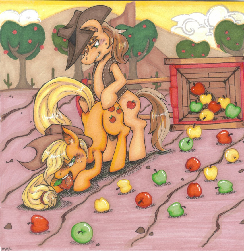 all_fours apple applejack_(mlp) blonde_hair blush braeburn_(mlp) brown_fur brown_hair cousin cowboy_hat cutie_mark doggystyle dragonsushi duo equine female feral freckles friendship_is_magic from_behind fruit fur green_eyes hair hat horse incest male mammal my_little_pony orange_fur outside penetration pony saliva sex straight sweat tree wagon