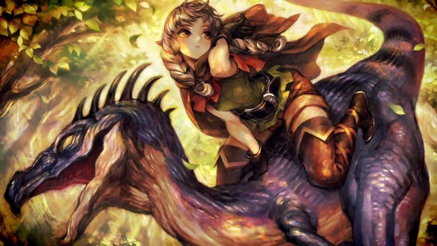 belt boots braid breasts brown_eyes cloak dinosaur dinosaur_riding dragon's_crown elf elf_(dragon's_crown) forest game_cg gloves hood hood_down long_hair nature official_art pointy_ears raptor riding shorts small_breasts solo thigh_boots thighhighs tunic twin_braids vanillaware