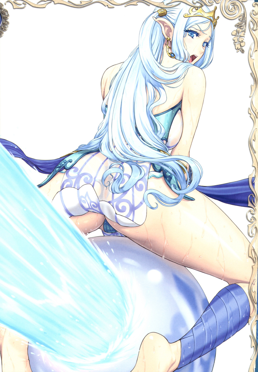 1girl absurdres ass back bare_shoulders blue_eyes blue_hair earrings eiwa highres jewelry long_hair looking_back open_mouth pointy_ears princess queen's_blade queen's_blade_grimoire queen's_blade queen's_blade_grimoire sitting solo teeth thighs tiina tina_(queen's_blade) tina_(queen's_blade) tongue water wet
