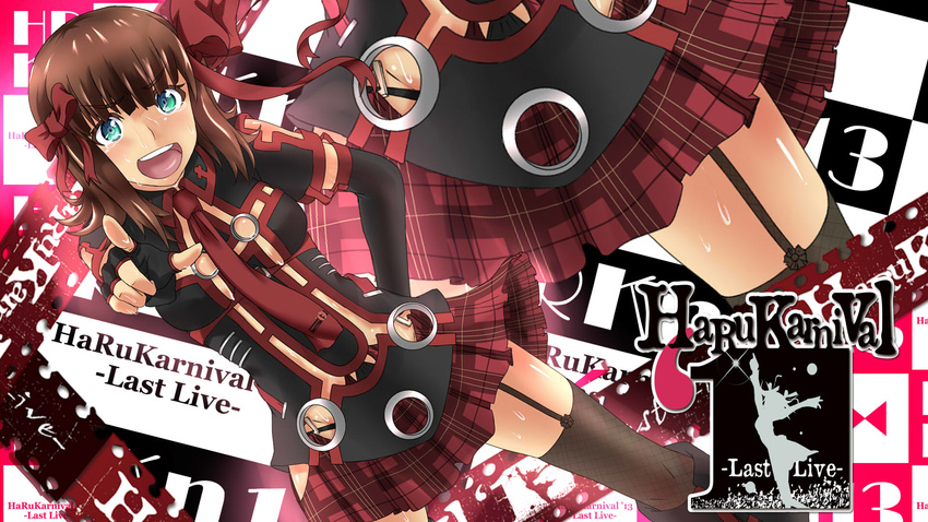 amami_haruka blue_eyes boots brown_hair fingerless_gloves garters gloves hair_ribbon hand_on_hip highres hisa_tsuki idolmaster idolmaster_(classic) necktie open_mouth outstretched_arm plaid plaid_skirt pointing punkish_gothic ribbon short_hair skirt smile solo sweat thighhighs zettai_ryouiki