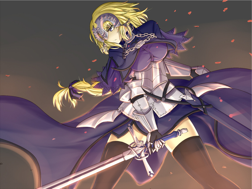 akashiro_sen androgynous armor armored_dress black_legwear blonde_hair blue_dress blue_eyes braid breasts dress fate/apocrypha fate_(series) gauntlets headpiece holding holding_sword holding_weapon jeanne_d'arc_(fate) jeanne_d'arc_(fate)_(all) large_breasts legs long_hair long_sleeves short_hair single_braid solo standing sword thighhighs thighs weapon