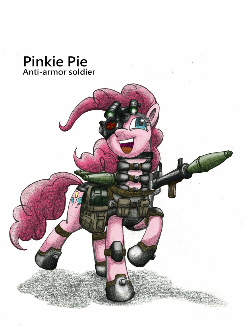 armor bag blue_eyes body_armor boots cutie_mark english_text equine eyewear female feral friendship_is_magic fur goggles hair horse mammal mine my_little_pony pink_fur pink_hair pink_tail pinkie_pie_(mlp) plain_background pony ranged_weapon rex42 rocket_launcher rpg smile solo teeth text tongue vest warhead weapon white_background