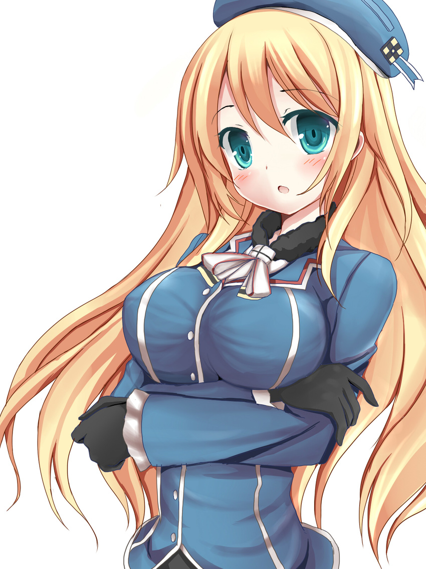 atago_(kantai_collection) blonde_hair blue_eyes blue_hat blush breast_lift breasts crossed_arms gloves godharo1 hat highres kantai_collection large_breasts long_hair looking_at_viewer military military_uniform open_mouth solo uniform